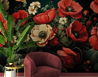 Red poppies wallpaper, dark background | Floral Wall Decor | Home Renovation | Wall Art | Peel & Stick Or Non Self-Adhesive Vinyl Wallpaper
