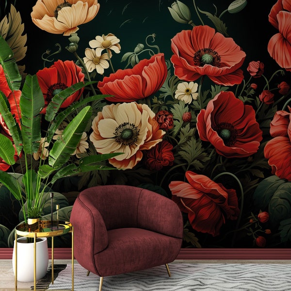 Rote Mohnblumen Tapete, dunkler Hintergrund | Blumenwanddekor | Haus-Renovierung | Wandkunst | Peel & Stick oder nicht selbstklebende Vinyltapete