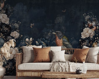 Moderne Blumentapete mit Vogel | Botanische Wanddekoration | Haus-Renovierung | Wandkunst | Schälen und kleben oder nicht selbstklebende Vinyltapete