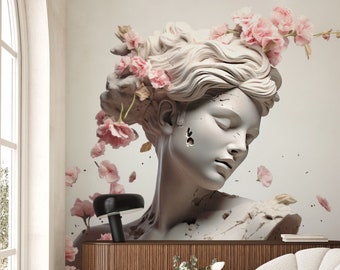 Woman Statue Wallpaper Blumenstrauß | Wanddekoration | Haus-Renovierung | Wandkunst | Schälen und kleben oder nicht selbstklebende Vinyltapete