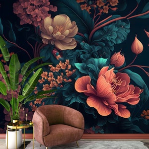 Papier peint floral foncé avec fleurs et feuilles | Décoration murale | Rénovation domiciliaire | Art mural | Papier peint autocollant ou en vinyle non autocollant