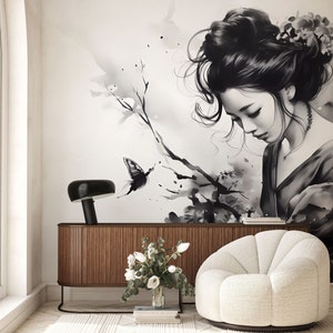 Carta da parati in stile asiatico, murale con donna / Decorazione della parete / Ristrutturazione della casa / Arte della parete / Carta da parati in vinile staccabile o non autoadesiva