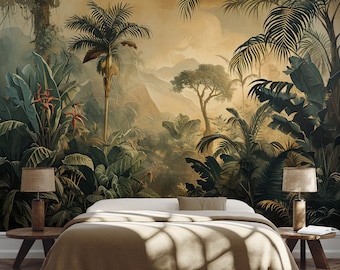 Retro jungle landscape wallpaper | Wall Decor | Home Renovation | Wall Art | Peel and Stick Or Non Self-Adhesive Vinyl Wallpaper
