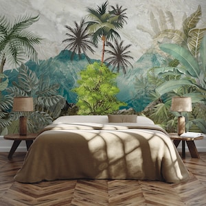 Abstrakte vintage tropische Landschaftstapete | Wanddekoration | Haus-Renovierung | Wandkunst | Peel & Stick oder nicht selbstklebende Vinyltapete