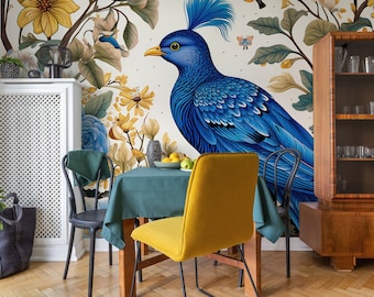 Blauer Vogel schöne Blumentapete | Wanddekoration | Haus-Renovierung | Wandkunst | Schälen und kleben oder nicht selbstklebende Vinyltapete