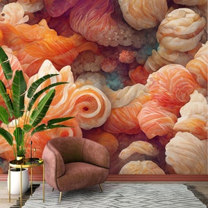 Carta da parati colorata e astratta con sushi e riso / Decorazione da parete / Ristrutturazione della casa / Arte da parete / Carta da parati in vinile staccabile o non autoadesiva