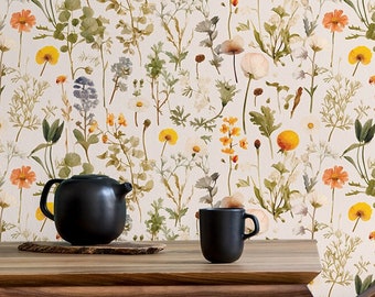 Papel pintado vintage de plantas y flores de pradera / Decoración de pared / Renovación del hogar / Arte de pared / Pelar y pegar o papel pintado de vinilo no autoadhesivo