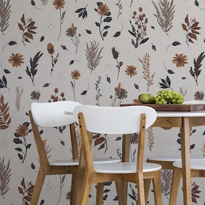 Tapete mit Pampasgras und Blumen | Blumenwanddekor | Haus-Renovierung | Schälen und kleben oder nicht selbstklebende Vinyltapete