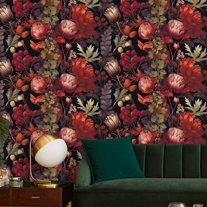 Dark red floral wallpaper, botanical mural | Wall Decor | Home Renovation | Wall Art | Peel and Stick Or Non Self-Adhesive Vinyl Wallpaper