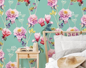 Rosa Blumen als Tapete | Blumenwanddekor | Haus-Renovierung | Wandkunst | Schälen und kleben oder nicht selbstklebende Vinyltapete