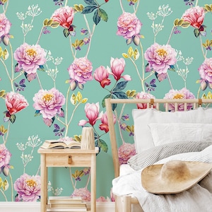 Pink flowers teal wallpaper | Floral Wall Decor | Home Renovation | Wall Art | Peel and Stick Or Non Self-Adhesive Vinyl Wallpaper