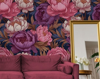 Papel pintado oscuro con flores de peonía / Decoración floral para paredes / Reformas del hogar / Arte mural / Papel pintado de vinilo autoadhesivo o no autoadhesivo