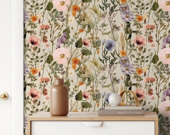 Beige botanisches Vintage Blumenwandbild | Wanddekoration | Haus-Renovierung | Wandkunst | Schälen und kleben oder nicht selbstklebende Vinyltapete