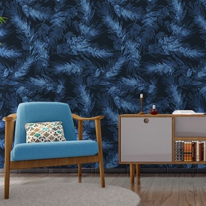 Dunkelblaue Tapete mit Blättern | Botanisches Wanddekor | Hausrenovierung | Wandkunst | Vinyl-Tapete zum Abziehen und Aufkleben oder nicht selbstklebend