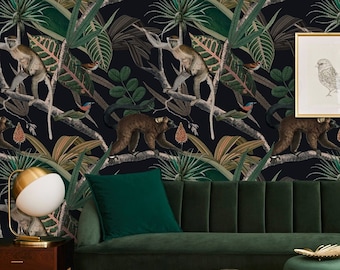 Monkey dark tropical wallpaper, animal print | Wall Decor | Home Renovation | Wall Art | Peel and Stick Or Non Self-Adhesive Vinyl Wallpaper