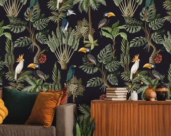 Donkere muurschildering tropische bomen, planten en vogels | Wanddecoratie | Woningrenovatie | Muurkunst | Peel-and-Stick of niet-zelfklevend vinylbehang