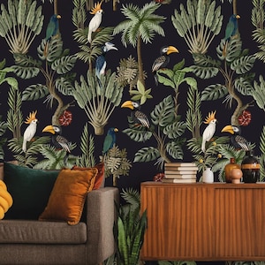 Tropical trees, plants & birds dark mural | Wall Decor | Home Renovation | Wall Art | Peel and Stick Or Non Self-Adhesive Vinyl Wallpaper