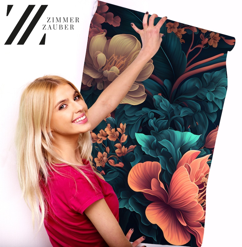 Dark Floral Wallpaper With Flower and Leaf | Wall Decor | Home ...