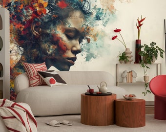 Weibliches Profil abstrakte Blumentapete | Wanddekoration | Haus-Renovierung | Wandkunst | Schälen und kleben oder nicht selbstklebende Vinyltapete