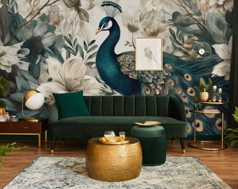 Peacock bird floral teal & beige wallpaper | Wall Decor | Home Renovation | Wall Art | Peel and Stick Or Non Self-Adhesive Vinyl Wallpaper