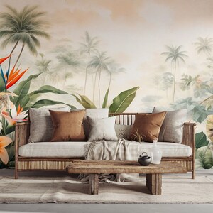 Tropical wallpaper with leaves and flowers | Wall Decor | Home Renovation | Wall Art | Peel and Stick Or Non Self-Adhesive Vinyl Wallpaper