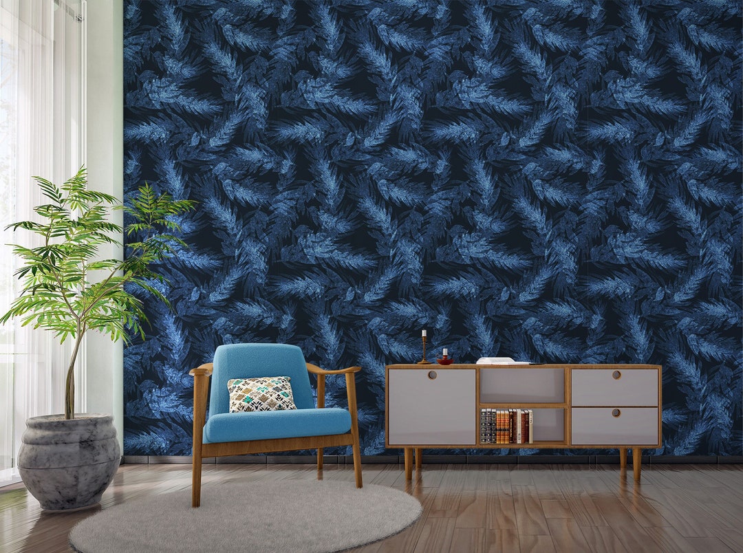 Dark Blue Wallpaper With Leaves | Botanical Wall Decor | Home ...