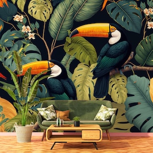 Tropische Tapete mit Tukanvogel | Wanddekoration | Haus-Renovierung | Wandkunst | Schälen und kleben oder nicht selbstklebende Vinyltapete