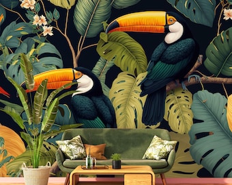 Tropical wallpaper with toucan bird | Wall Decor | Home Renovation | Wall Art | Peel and Stick Or Non Self-Adhesive Vinyl Wallpaper