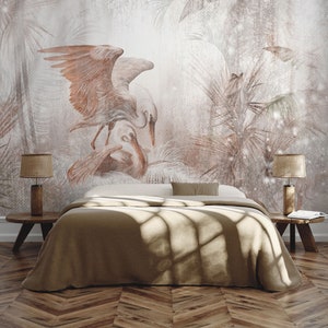 Vögel Vintage Pastell tropische Tapete | Wanddekoration | Haus-Renovierung | Wandkunst | Schälen und kleben oder nicht selbstklebende Vinyltapete