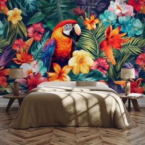 Tropische jungle muurschildering, vogel en bloemen | Wanddecoratie | Woningrenovatie | Kunst aan de muur | Schil en plak of niet-zelfklevend vinylbehang