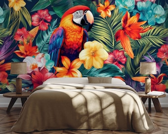 Tropischer Dschungel Wandbild, Vogel und Blumen | Wanddekoration | Haus-Renovierung | Wandkunst | Schälen und kleben oder nicht selbstklebende Vinyltapete