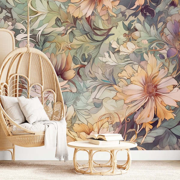 Botanisch boho abstract bloemenbehang | Wanddecoratie | Woningrenovatie | Kunst aan de muur | Schil en plak of niet-zelfklevend vinylbehang