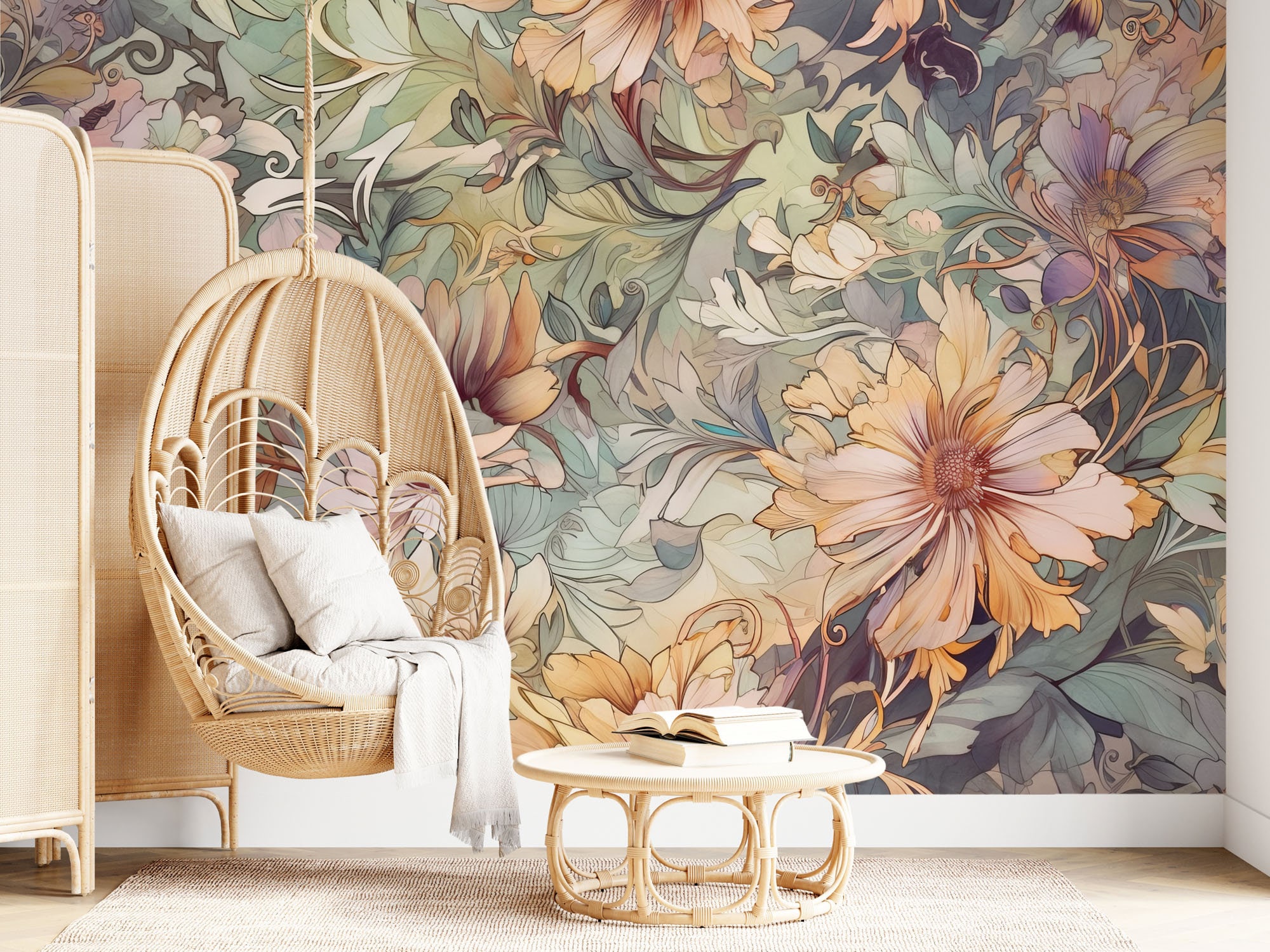 Botanical boho abstract floral wallpaper | Wall Decor | Home Renovation | Wall Art | Peel and Stick Or Non Self-Adhesive Vinyl Wallpaper