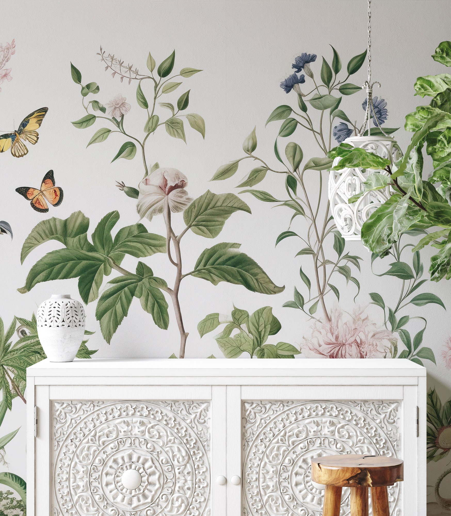 Floral and Leaf Wallpaper With Butterfly | Wall Decor | Home Renovation ...