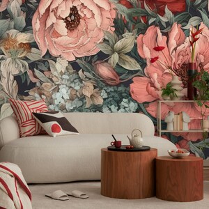 Boho floral wallpaper with pink peony flower | Wall Decor | Home Renovation | Wall Art | Peel and Stick Or Non Self-Adhesive Vinyl Wallpaper