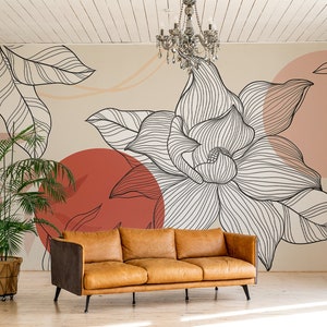Papier peint abstrait floral et feuilles, décoration murale botanique | Rénovation domiciliaire | Art mural | Papier peint autocollant ou en vinyle non autocollant