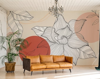 Abstract floral and leaves wallpaper, botanical Wall Decor | Home Renovation | Wall Art | Peel & Stick Or Non Self-Adhesive Vinyl Wallpaper