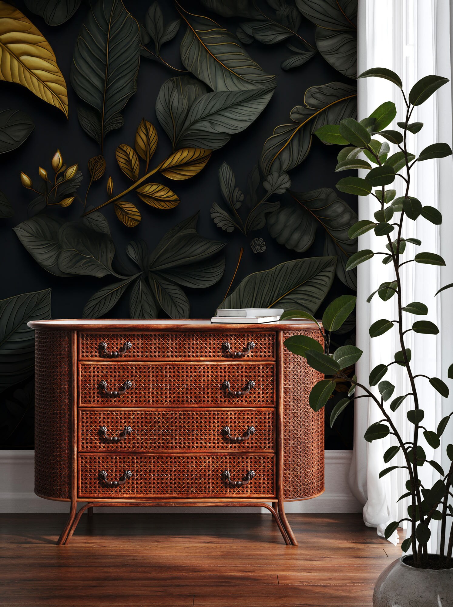 Tropical Leaf Wallpaper, Dark Background | Wall Decor | Home Renovation ...
