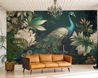 Dark peacock bird & flowers wallpaper | Wall Decor | Home Renovation | Wall Art | Peel and Stick Or Non Self-Adhesive Vinyl Wallpaper