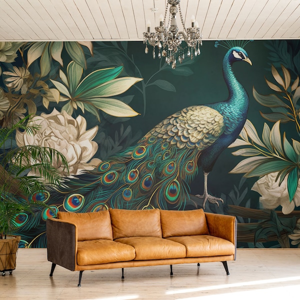 Dark peacock bird & flowers wallpaper | Wall Decor | Home Renovation | Wall Art | Peel and Stick Or Non Self-Adhesive Vinyl Wallpaper