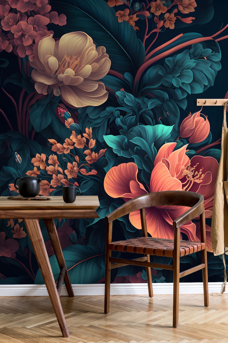 Dark Floral Wallpaper With Flower and Leaf | Wall Decor | Home ...