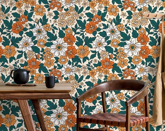 Floral and leaf wallpaper, white background | Wall Decor | Home Renovation | Wall Art | Peel and Stick Or Non Self-Adhesive Vinyl Wallpaper