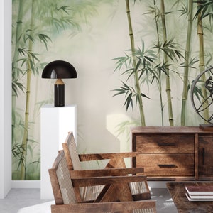 Carta da parati tropicale in bambù, arte ad acquerello / Decorazione da parete / Ristrutturazione della casa / Arte da parete / Carta da parati staccabile e incollabile o non autoadesiva in vinile