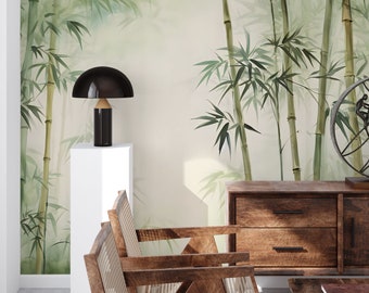 Papier peint bambou tropical, aquarelle | Décoration murale | Rénovation domiciliaire | Art mural | Papier peint autocollant ou autocollant