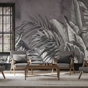 Tropische Tapete mit Blättern, Grunge Wandbild | Wanddekoration | Haus-Renovierung | Wandkunst | Schälen und kleben oder nicht selbstklebende Vinyltapete