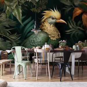 Exotic bird tropical wallpaper, jungle leaf | Wall Decor | Home Renovation | Wall Art | Peel and Stick Or Non Self-Adhesive Vinyl Wallpaper