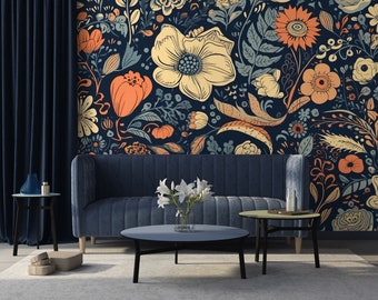 Dunkle abstrakte Blumentapete | Wanddekoration | Haus-Renovierung | Wandkunst | Schälen und kleben oder nicht selbstklebende Vinyltapete