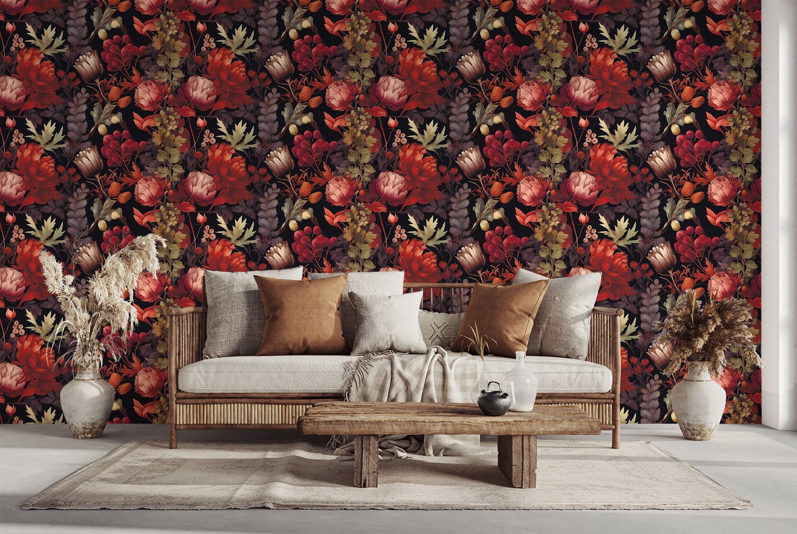Dark Red Floral Wallpaper, Botanical Mural | Wall Decor | Home ...