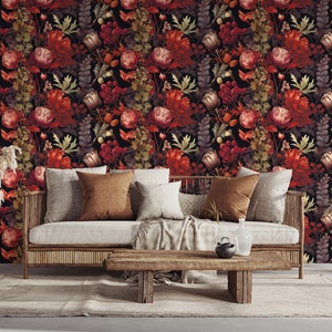 Dark Red Floral Wallpaper, Botanical Mural | Wall Decor | Home ...