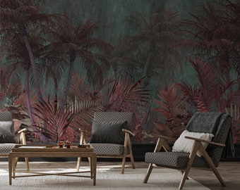 Dark wallpaper, tropical trees & leaves | Botanical Wall Decor | Home Renovation | Peel and Stick Or Non Self-Adhesive Vinyl Wallpaper